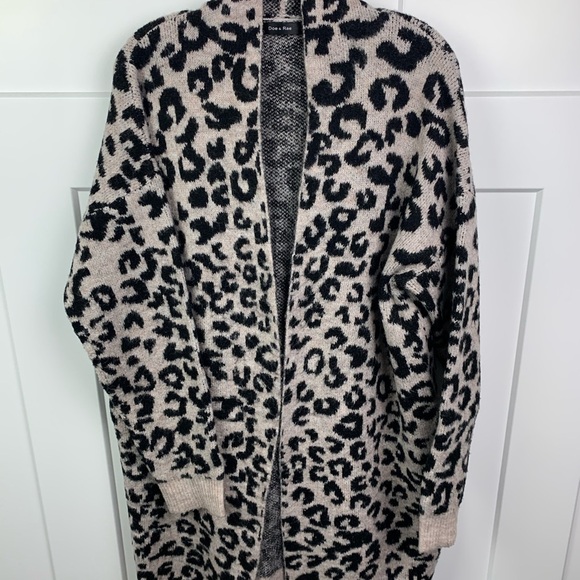 Doe & Rae LARGE Animal Print Leopard Cardigan Sweater Pockets Brown Black Long - Picture 2 of 7